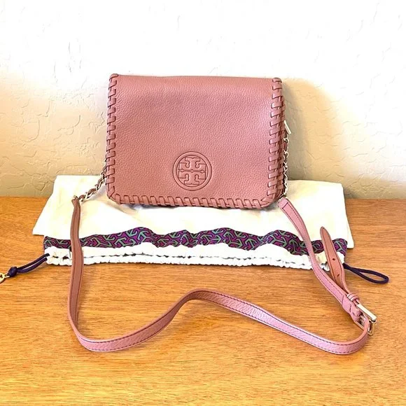 Tory Burch Crossbody Bag Marion Combo Maple Sugar Mauve Pink Leather Whipstitch - Picture 2 of 11